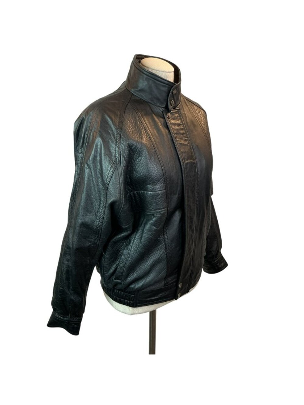 deNaive Leather Moto Bomber Jacket Womens Large Black Snap High Collar - Picture 7 of 14